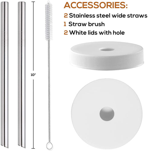 8 Pack Glass Juicing Bottle Drinking Jars with 2 Straws & 2 Lids w Hole- 16 OZ Travel Water Cups with Colored Airtight Lids, Reusable Tall Mason Jar for Juice, Boba, Smoothie, Tea, Kombucha